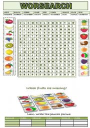 English Worksheet: FRUITS AND PLURALS: WORDSEARCH