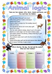 English Worksheet: Animal Logic (puzzle) 