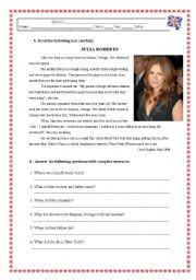 English Worksheet: JULIA ROBERTS -Reading Comprehension Test/Worksheet