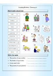 Vocabulary Matching Worksheet - Elementary 2.2 - FAMILY