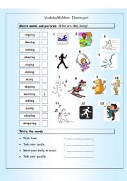 Vocabulary Matching Worksheet - Elementary 2.3 - ACTION VERBS