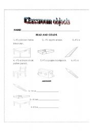 English worksheet: classroom objects