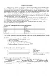 English Worksheet: Thanskgiving Day reading with exercises 