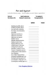 English worksheet: For and against