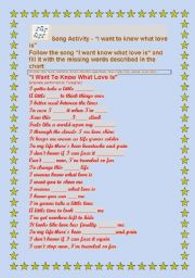 English Worksheet: I wanna know what love is - activity with song