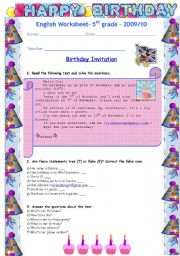 English Worksheet: Brendas Birthday Invitation