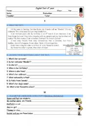 English Worksheet: TEST - 6th form - ID, countries, dates, to be, pers pron, poss adj...