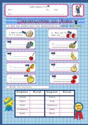 English Worksheet: Demonstratives,  fruits and plurals