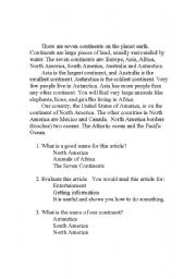 English Worksheet: Story Comprehension on the Seven Continents