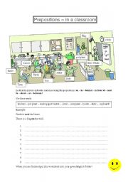 English Worksheet: Prepositions of Place - In a classroom