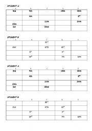 English worksheet: ordinal numbers pair work