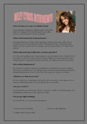 English Worksheet: MILEY CYRUS INTERVIEW!