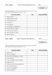 English worksheet: Present Perfect -Pairwork activity -Speaking