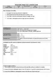 English worksheet: Lesson plan present simple (ages and sizes)