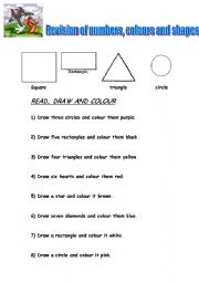 English Worksheet: shapes, colours, numbers