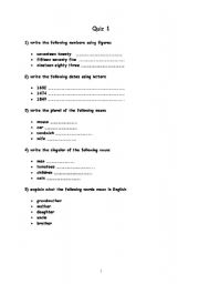 English worksheet: quiz for the very beginners (numbers, plurals, singulars, family, months, present simple, pronouns)