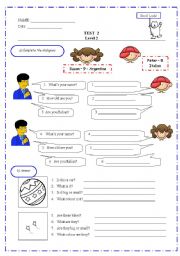 English Worksheet: TEST  -  name - age -  TO BE (I am - it is - they are)