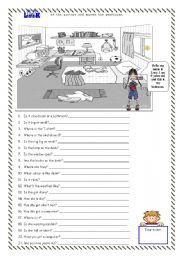 English Worksheet: TEST - to be - have has - prepositions - clothes...