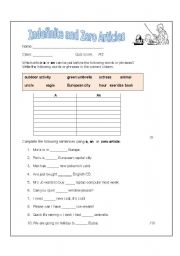 English Worksheet: Indefinite and Zero Article Quiz