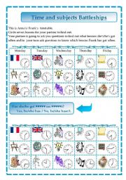 English Worksheet: school subjects and time battleships