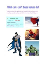 English worksheet: what can / cant these heroes do?