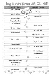 English Worksheet: LONG and SHORT FORMS: AM, IS, ARE