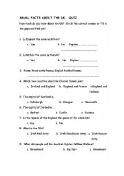 English worksheet: Small Facts about the UK.  Quiz.