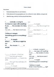 English Worksheet: I have a Dream- Abba / Filling the blanks