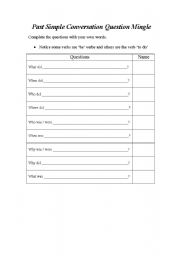 English Worksheet: Past Simple Conversation Mingle