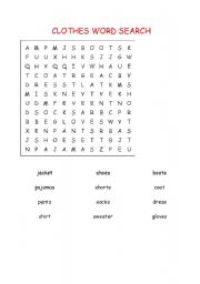 English worksheet: CLOTHES WORD SEARCH