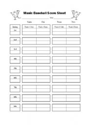 English Worksheet: Music:  Music Baseball Game Score Sheet