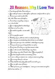 English Worksheet: 20 reasons why I love you