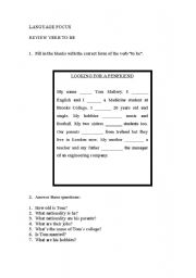 English Worksheet: Review of the verb to be. Text