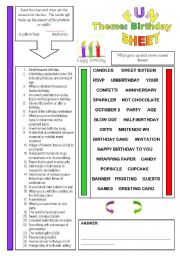 English Worksheet: Fun Sheet Theme: Birthday