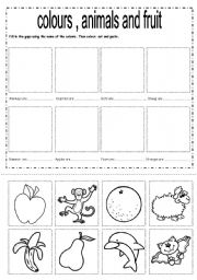 English Worksheet: colours, animals and fruit.