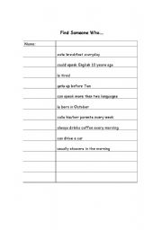 English worksheet: Find Someone Who... using present tense