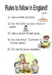 English worksheet: Rules for eating in England (aimed at Japanese students)