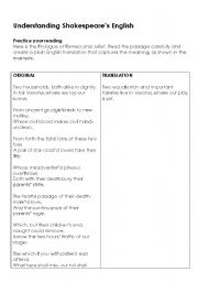 English Worksheet: Understanding Shakespeares English