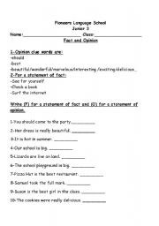 English worksheet: fact or opinion