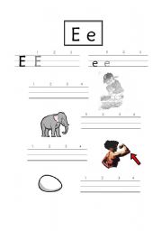 English worksheet: E letter writing practice sheet - for use with Lets Go Starter (1st edition)