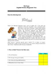 English Worksheet: Dignostic Test - 7th Form