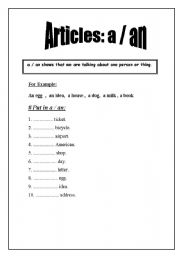 English worksheet: article a  an 