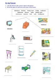 English Worksheet: In My House - linking objects to rooms