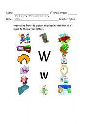 English worksheet: Identify the pictures with the W w sound