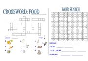 English Worksheet: food crossword and word search