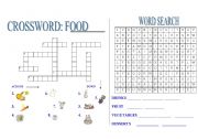 English worksheet: food crossword and word search