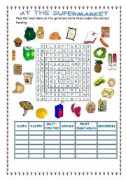 English Worksheet: At the supermarket food spiral