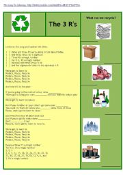 English Worksheet: The 3 Rs (Reduce, Reuse, Recycle): Environmental Song