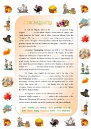 English Worksheet: Thanksgiving:  Complete-the-gaps reading with all the main Thanksgiving icons