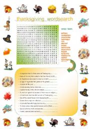 English Worksheet: Thanksgiving:  Word search & definition exercise including the major Thanksgiving vocabulary